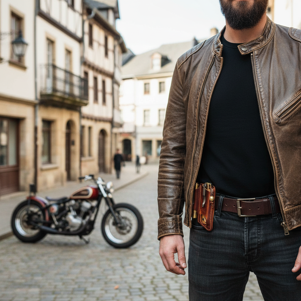 Person wearing a leather multi-tool belt pouch with tools on a blurred background