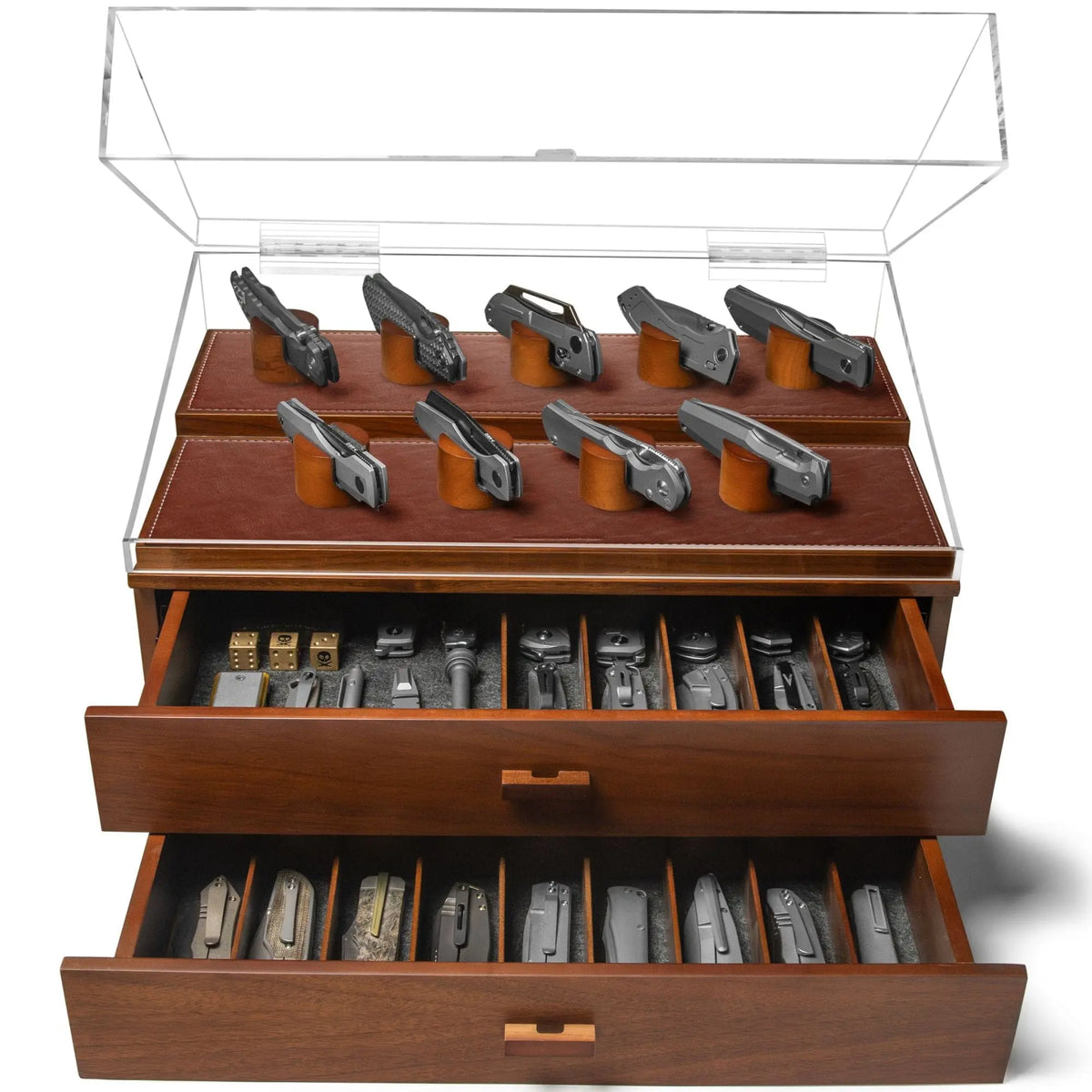 The Armada walnut fixed blade knife display case – 9 pillars, hinged lid, Holme & Hadfield
